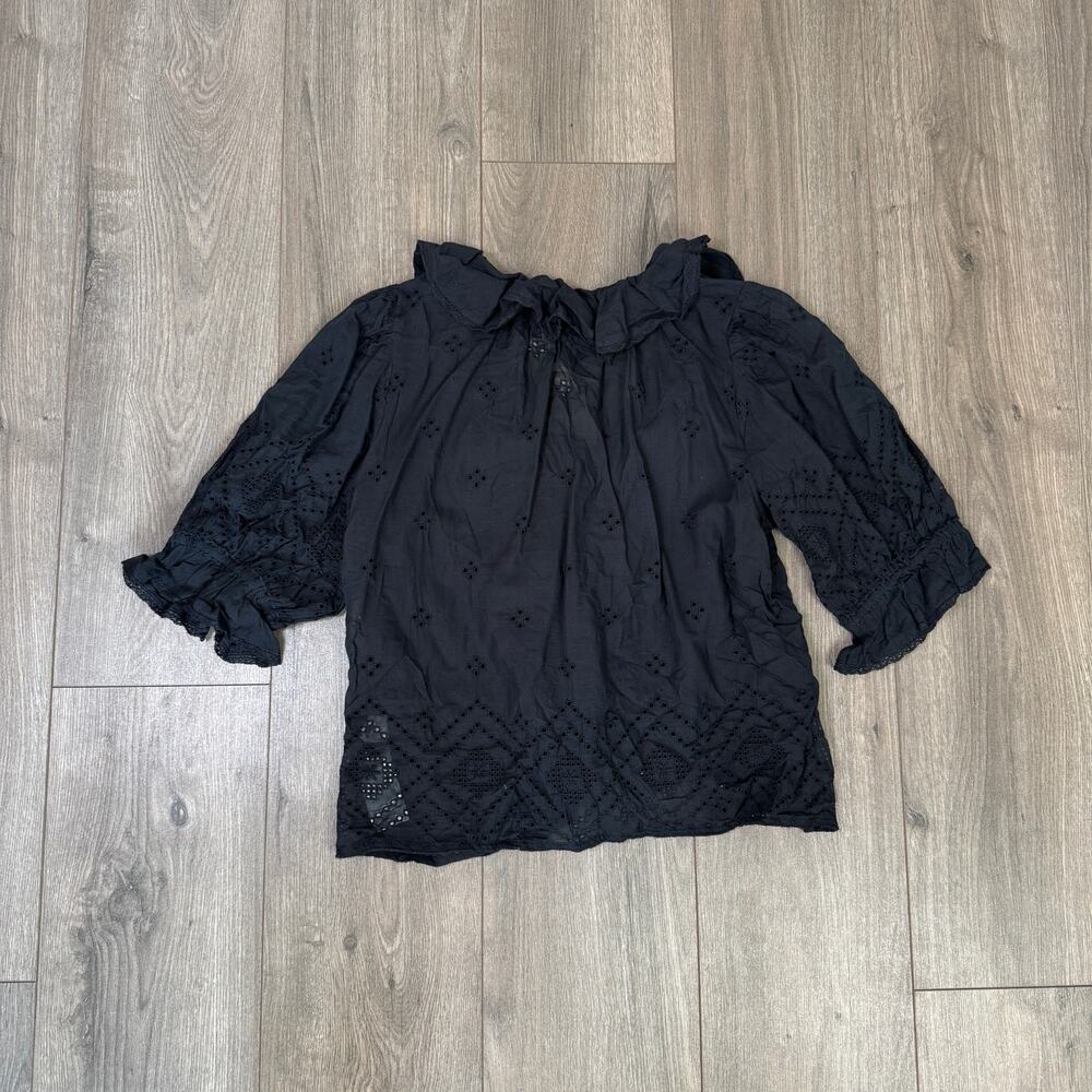 Madewell Ruffled Puff-Sleeve Top WMNS M Black Pintuck Lace-Trim V-Neck Button Up - Picture 6 of 9
